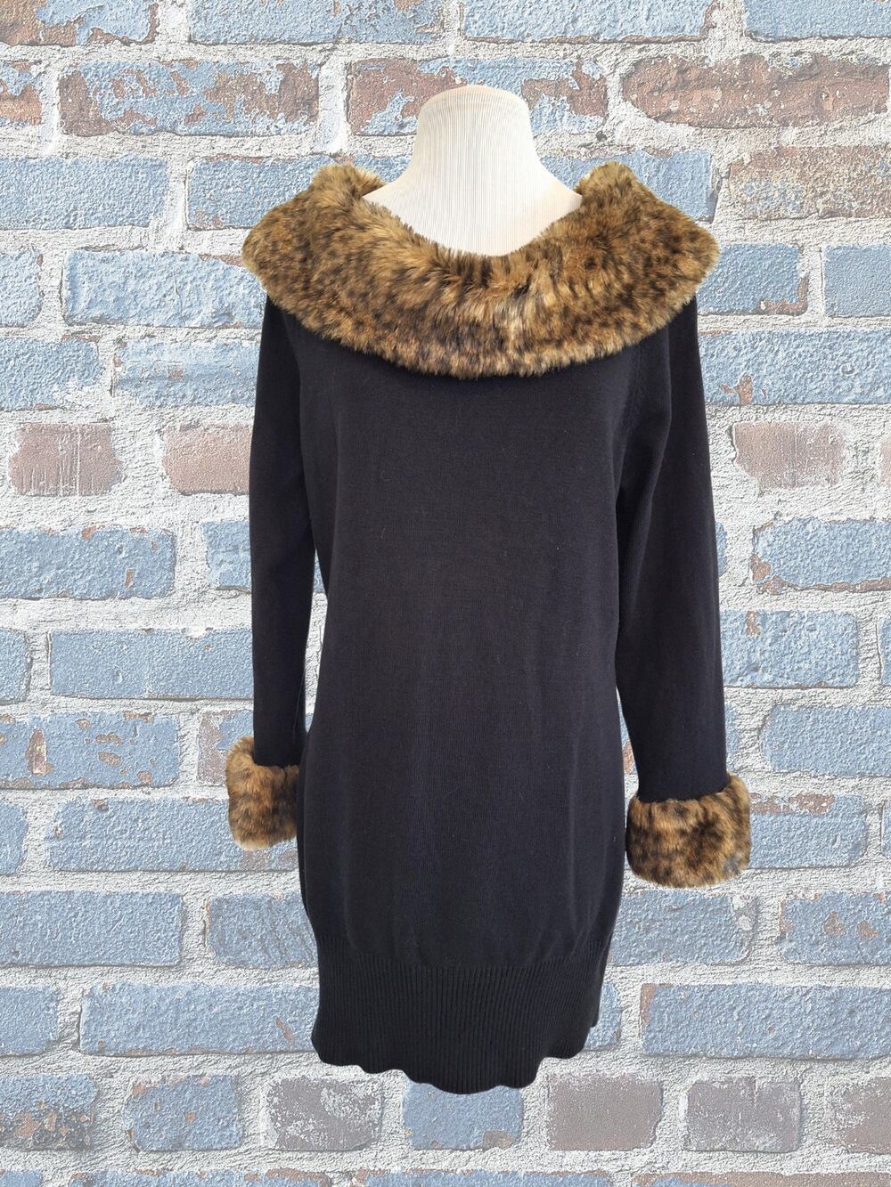 Midnight Velvet Black Knit Dress with Faux Fur Size XL Bodycon Above Knee